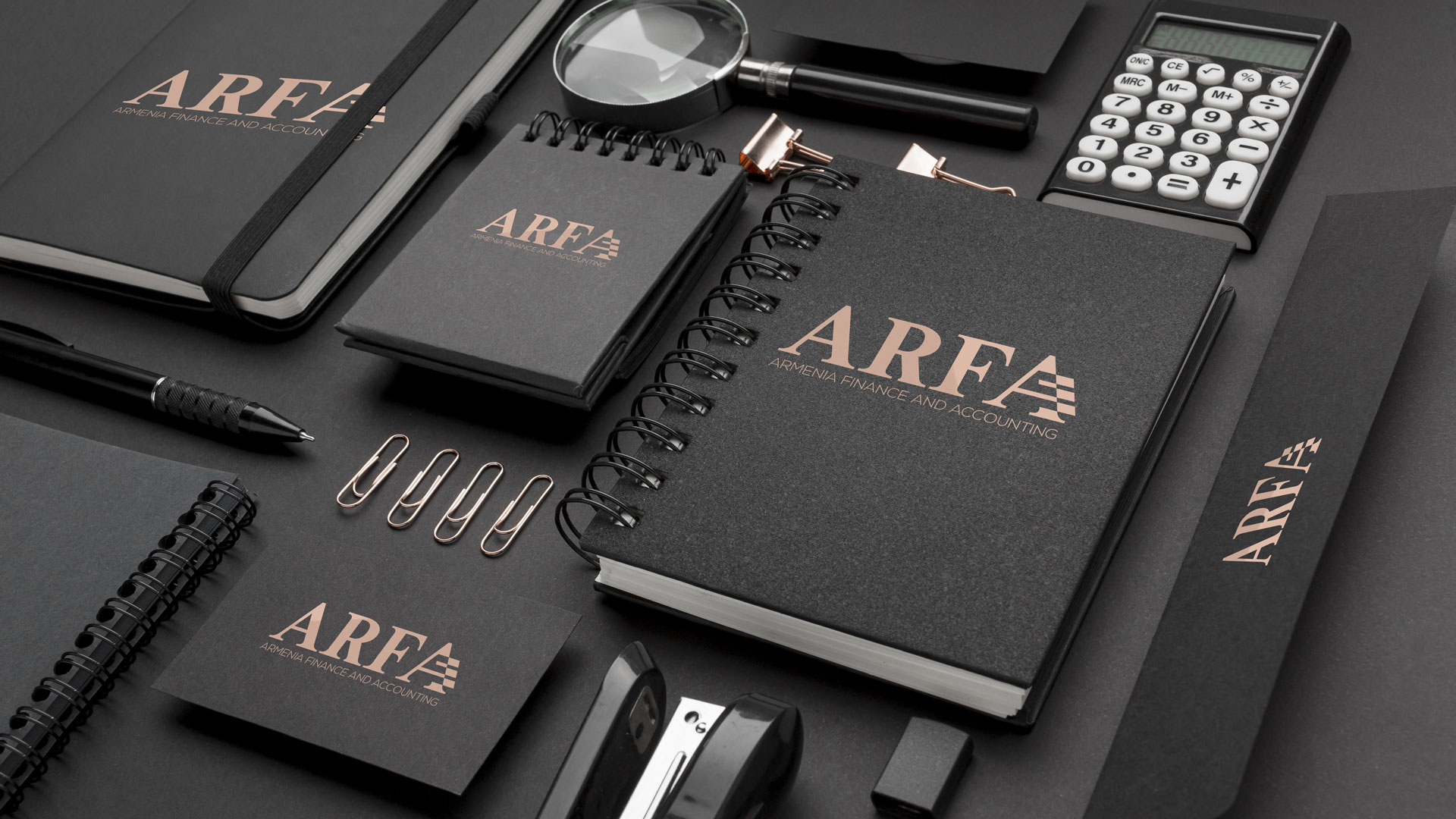 Promotional stationery items designed for ARFA