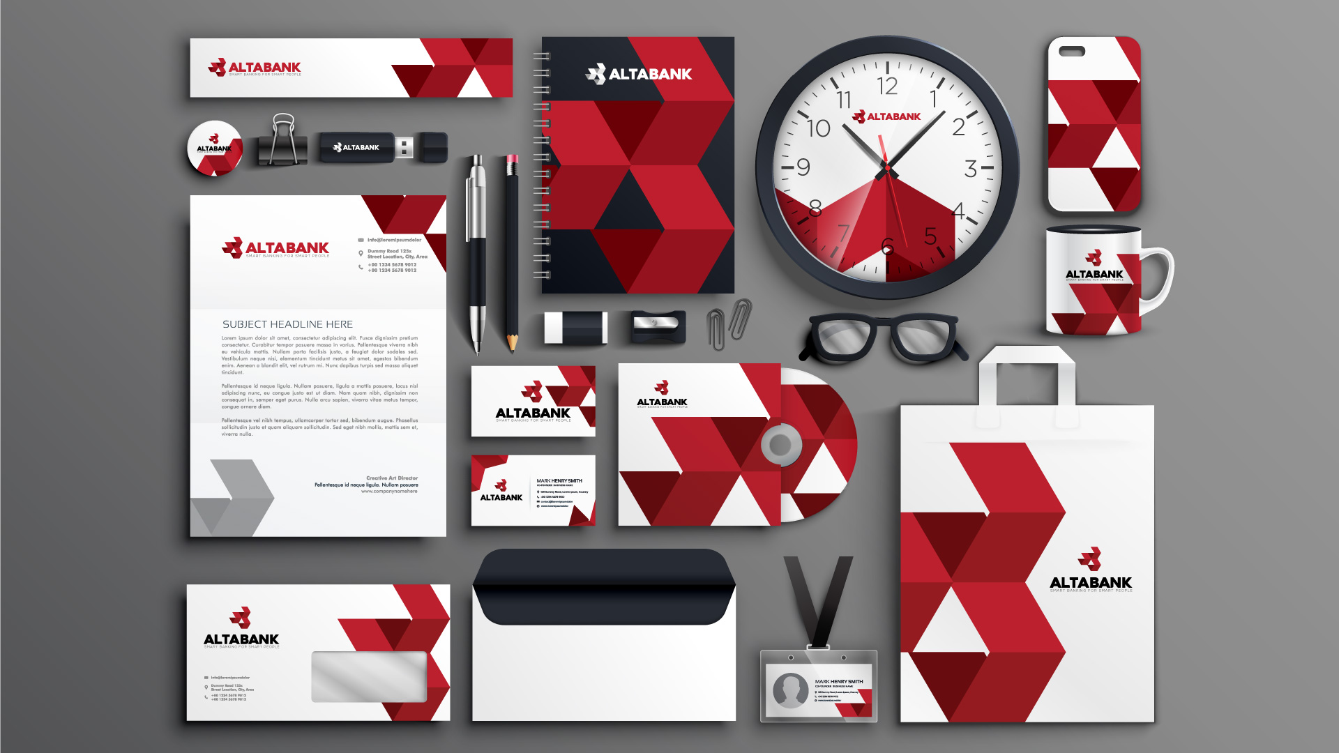 Promotional stationery items designed for Alta Bank