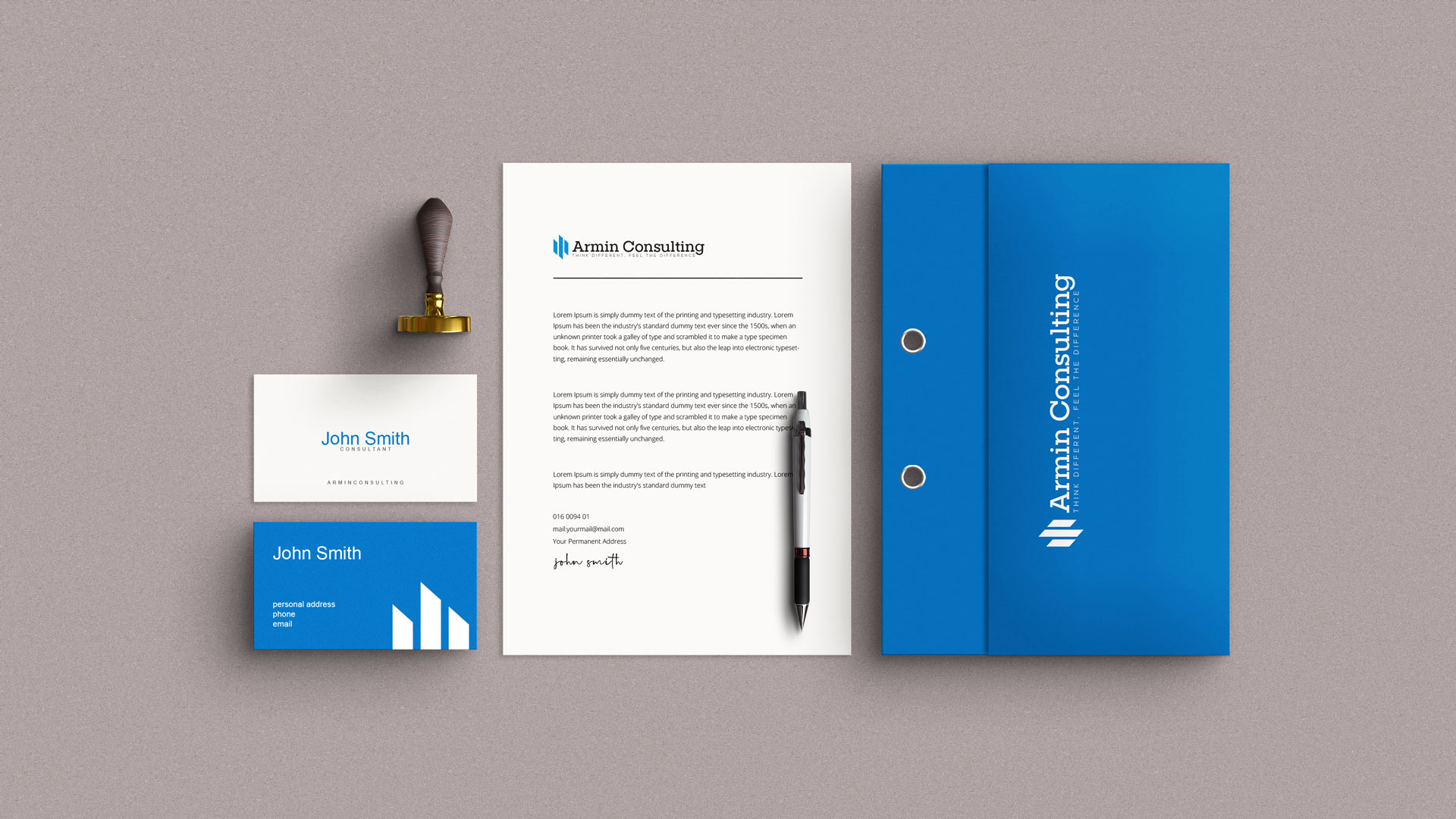 Promotional stationery items designed for Armin Consalting