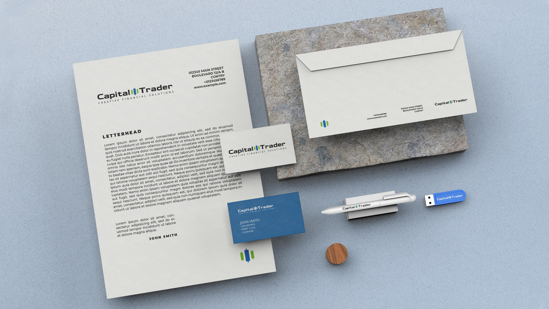 Promotional stationery items designed for Capital Trader