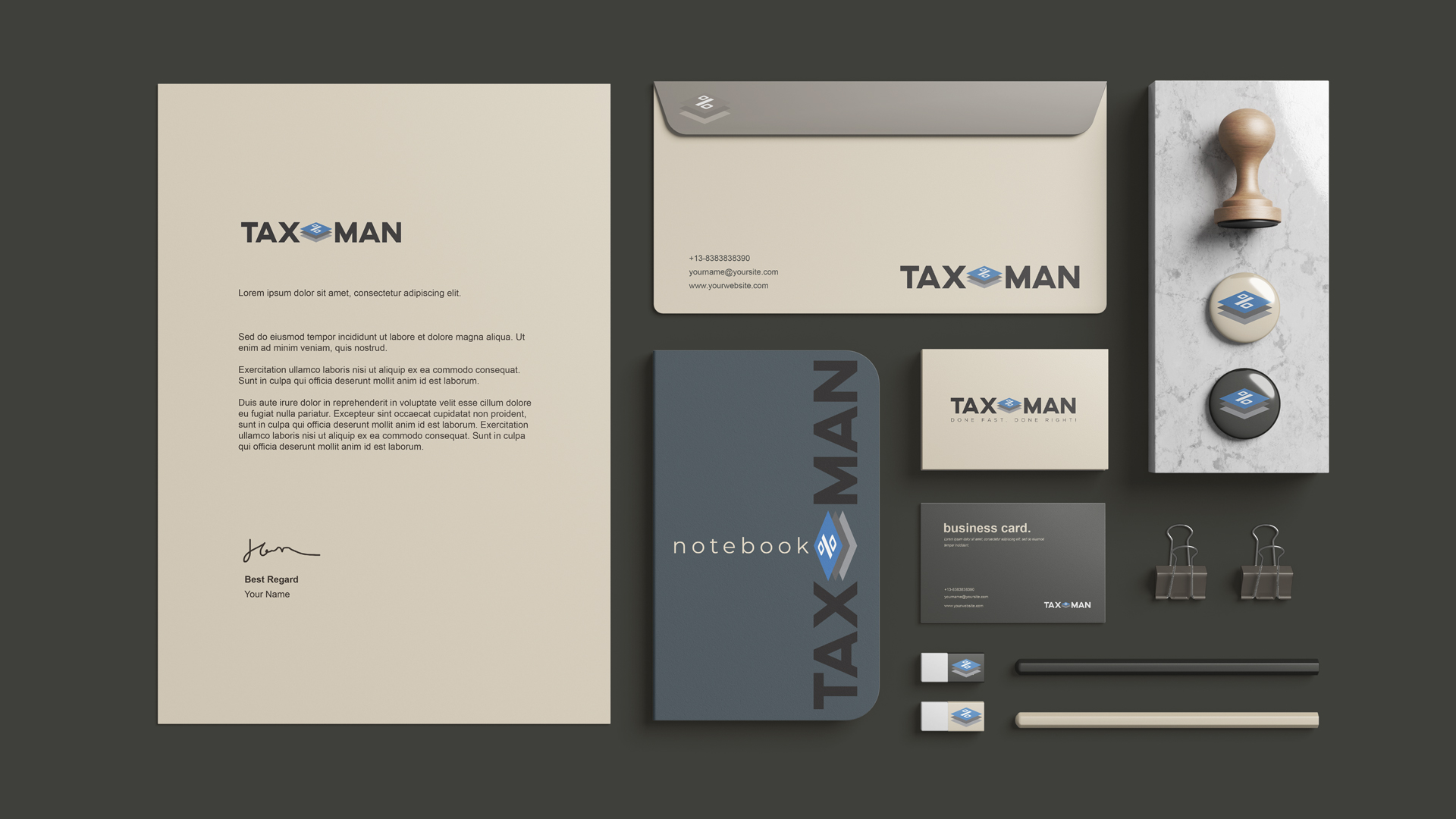 Promotional stationery items designed for TaxMan