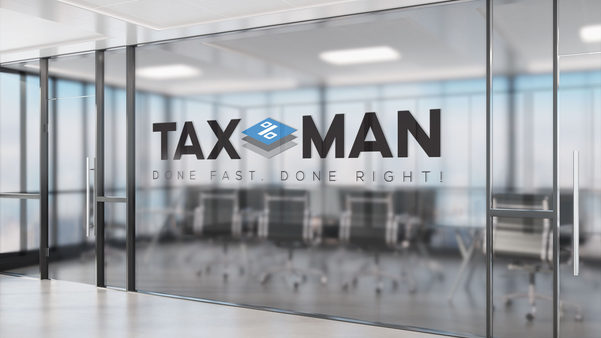 TaxMan wall sign on conference room door