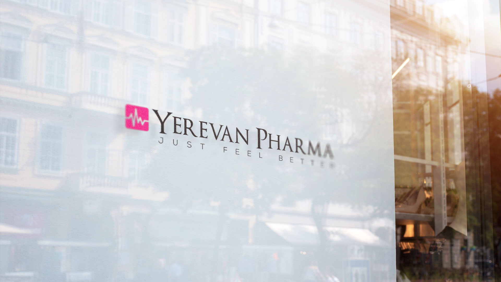 Yerevan Pharma logo on the door of the pharmacy