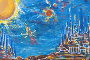 Flights into Space - A small, rapid sketch that eventually evolved into the large-scale painting Two Cities in Space.